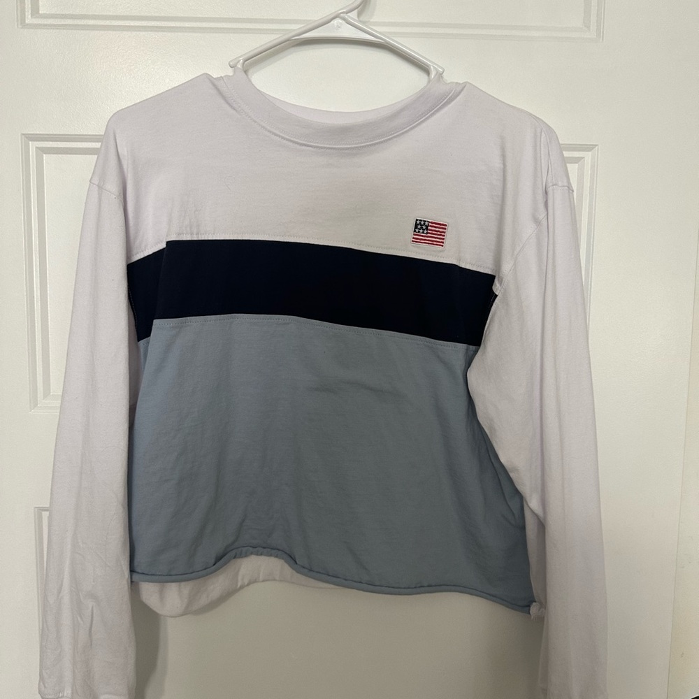 Mighty Fine White Navy and Light Blue Colorblock Crop Top